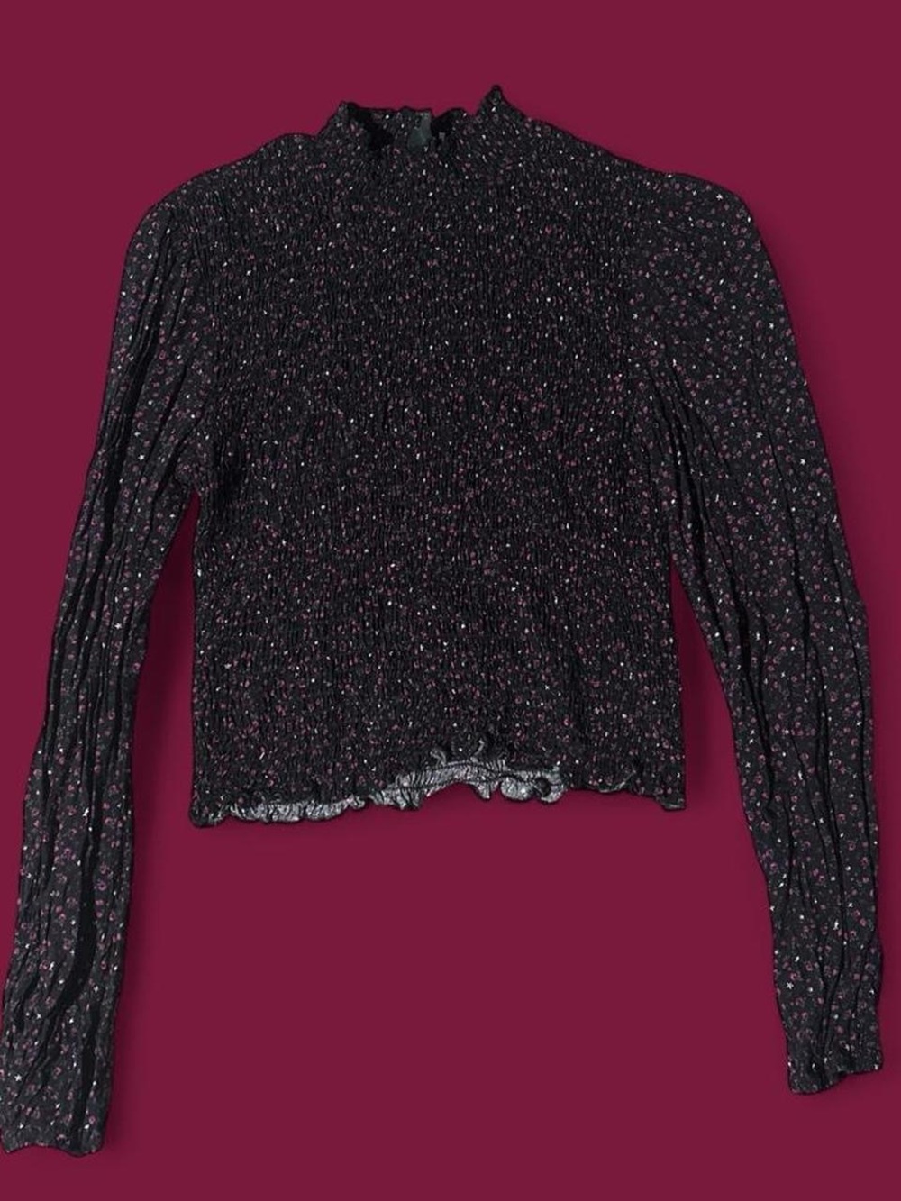 Black Floral Ruched Mock Neck Top